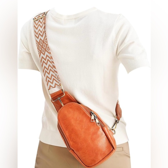Stylish Tan Crossbody Bag with Patterned Strap - Picture 1 of 6
